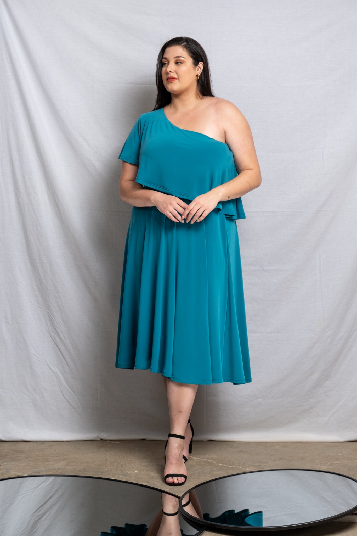Off Shoulder Midi Frill Dress - Teal SALE size 32,44