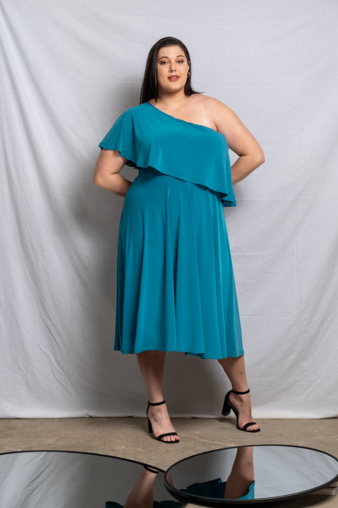 Off Shoulder Midi Frill Dress - Teal SALE size 32,44