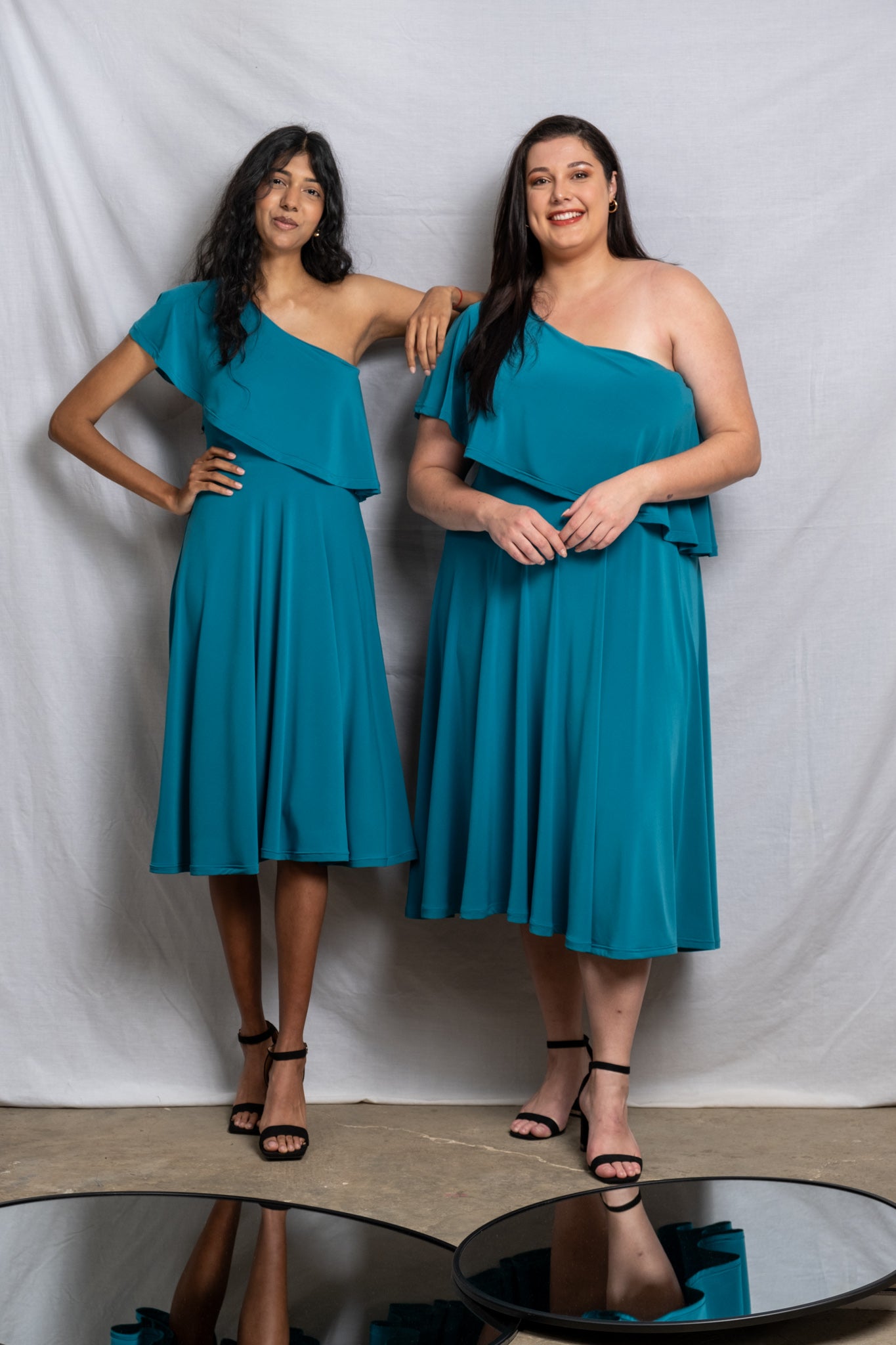 Off Shoulder Midi Frill Dress - Teal SALE size 32,44