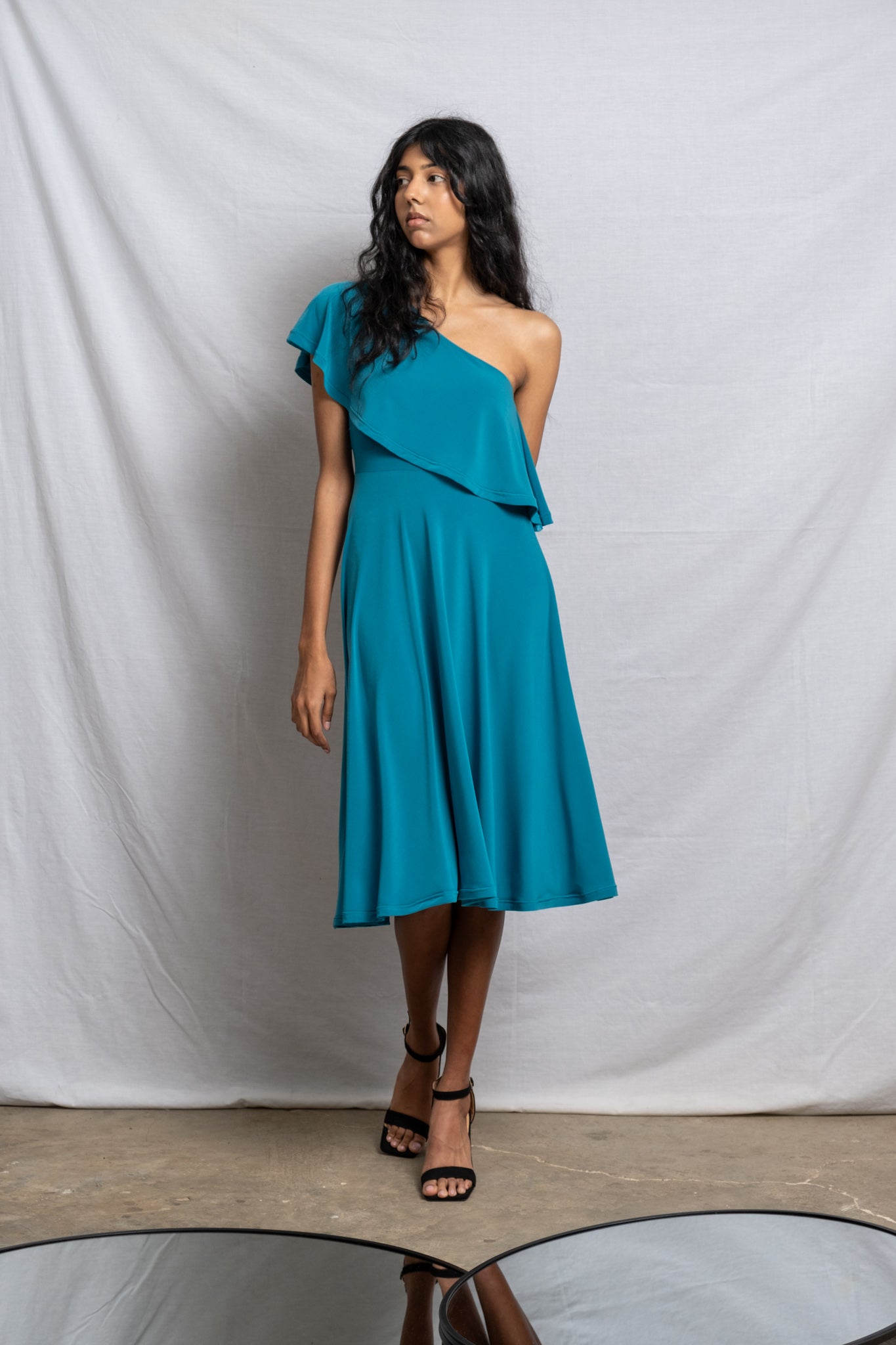 Off Shoulder Midi Frill Dress - Teal SALE size 32,44