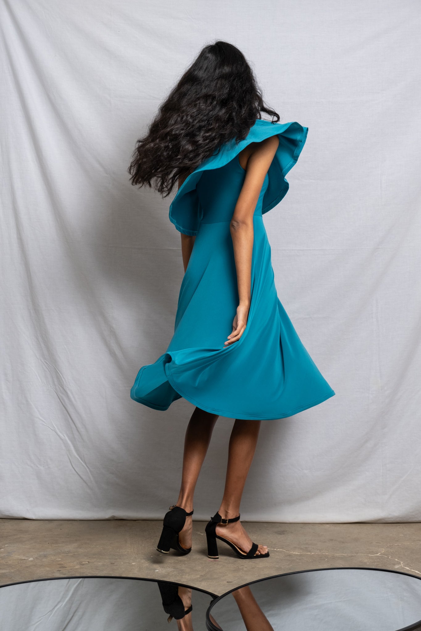 Off Shoulder Midi Frill Dress - Teal SALE size 32,44