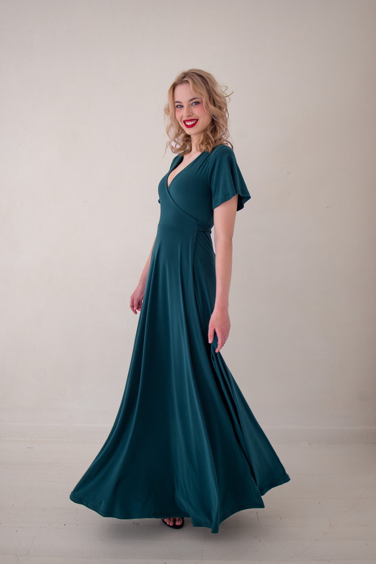 Flutter Sleeve Maxi Wrap Dress - Forest Green | More Colour Options