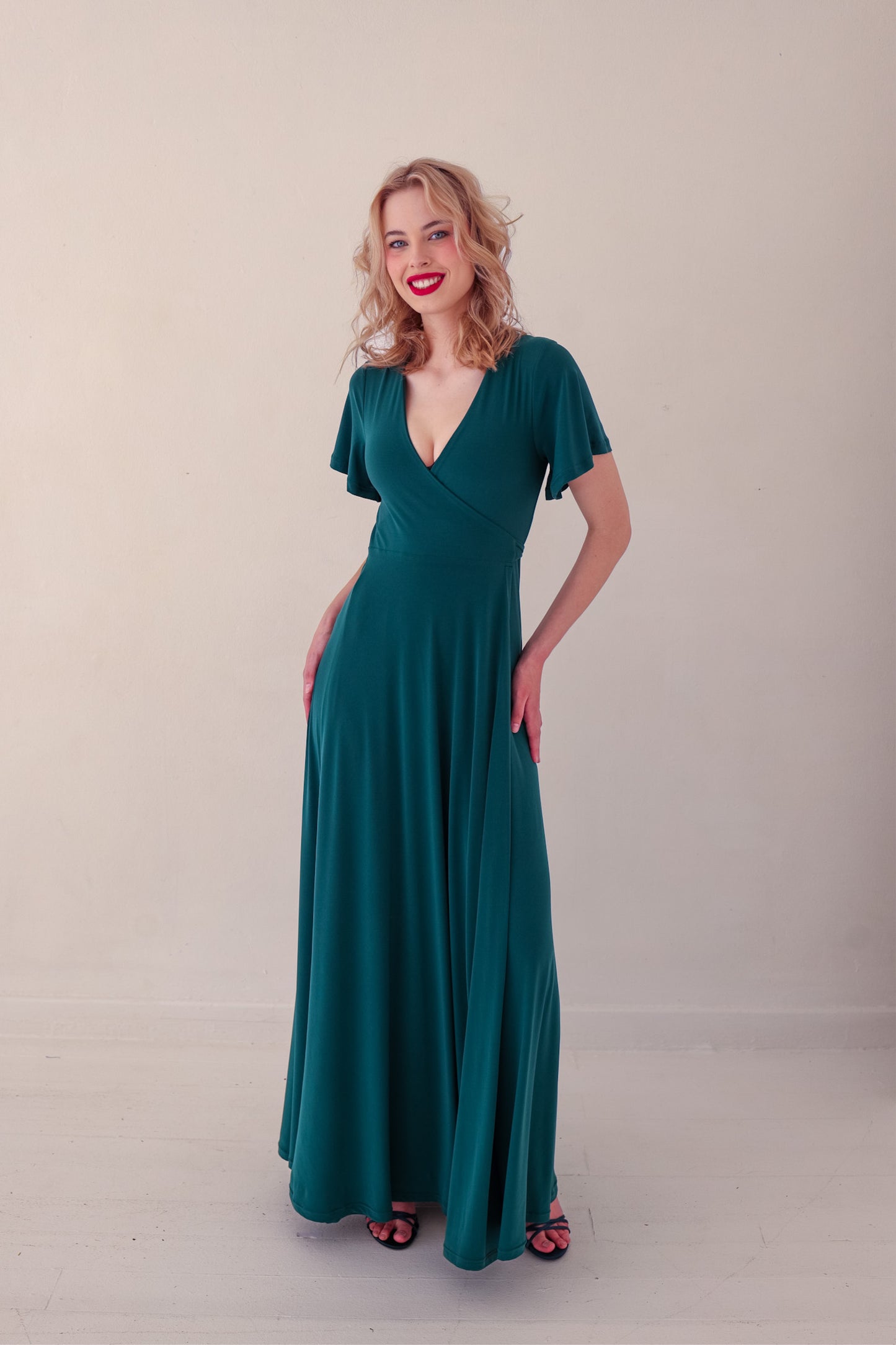 Flutter Sleeve Maxi Wrap Dress - Forest Green | More Colour Options