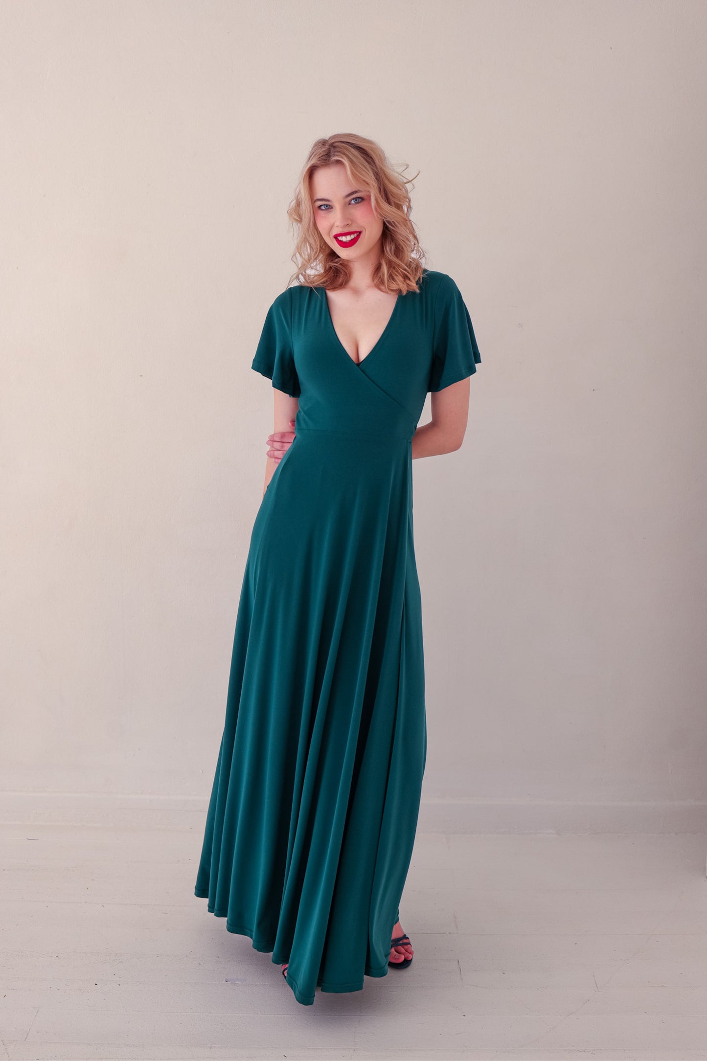 Flutter Sleeve Maxi Wrap Dress - Forest Green | More Colour Options