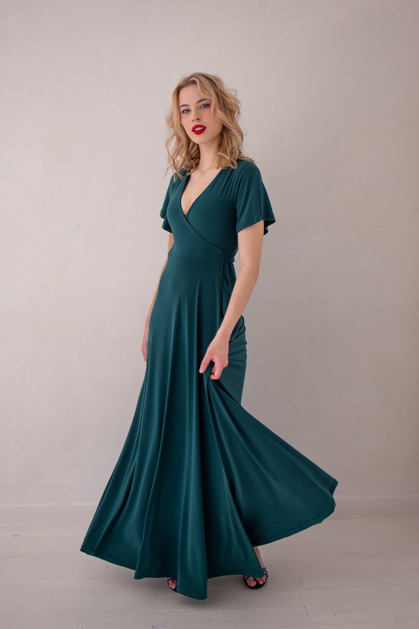 Flutter Sleeve Maxi Wrap Dress - Forest Green | More Colour Options