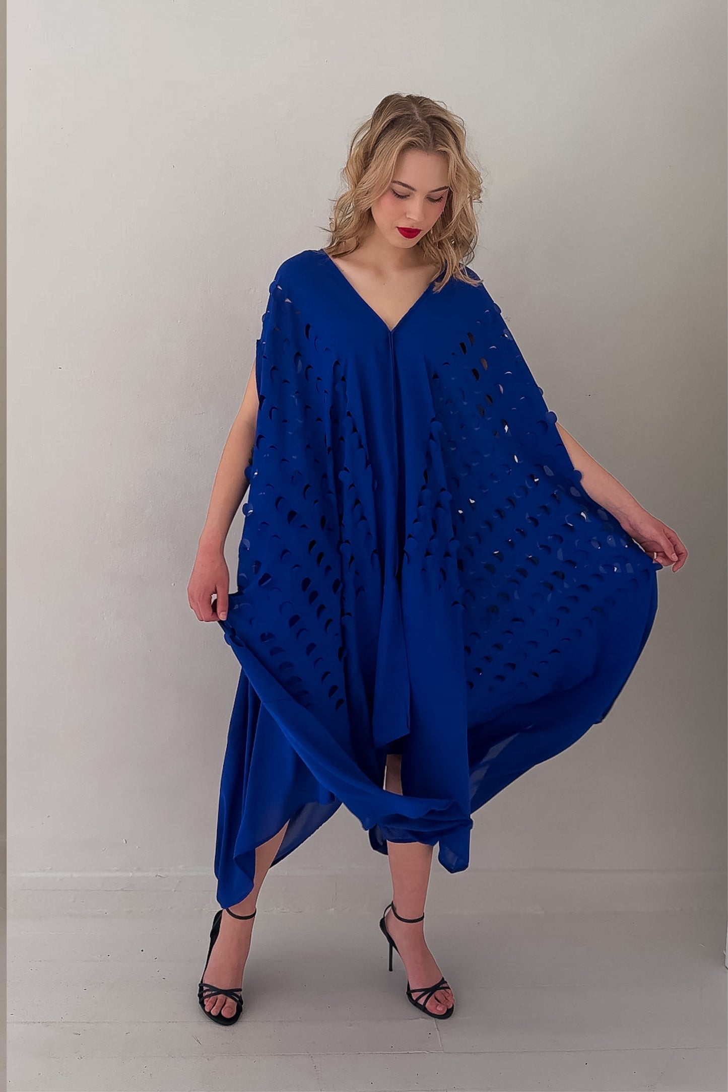 Laser Cut Drape Dress | Cobalt