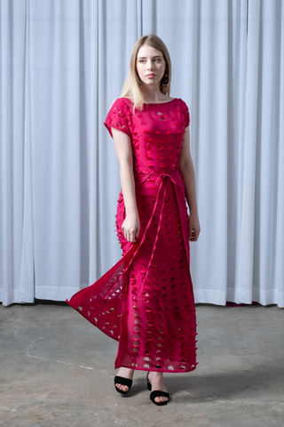 Laser Cut Apron Dress - Magenta