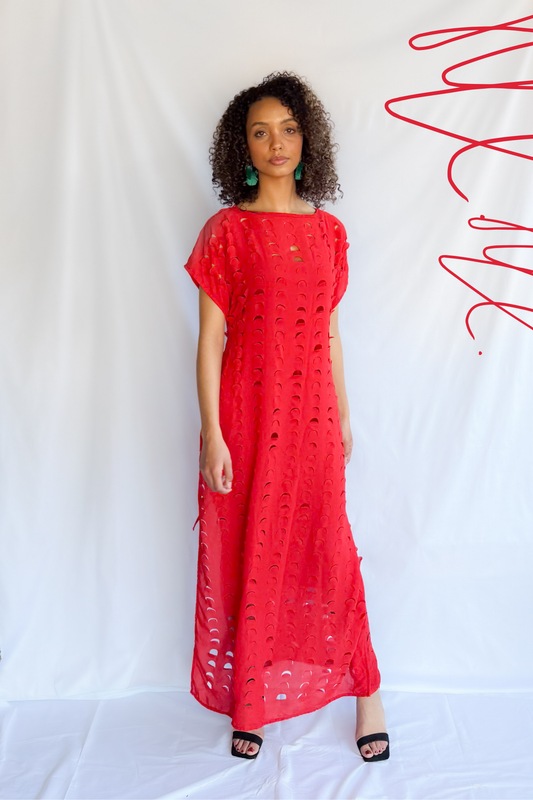 LASER CUT MAXI DRESS | RED