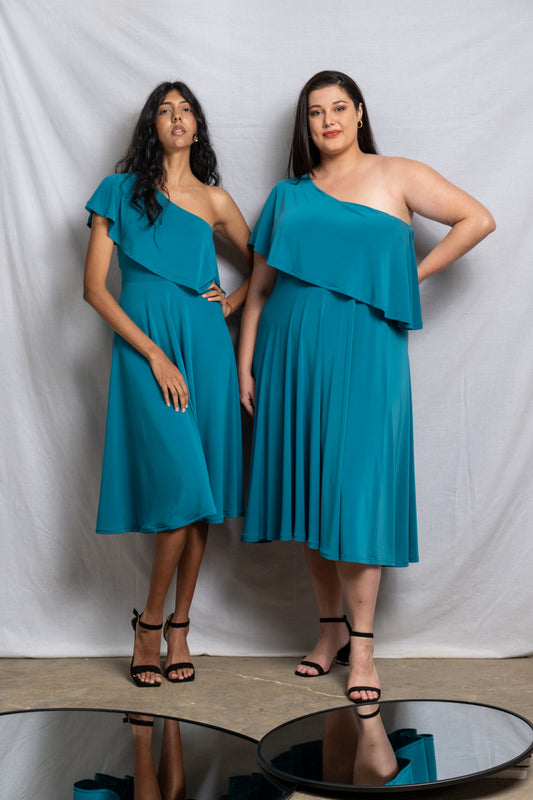Off Shoulder Midi Frill Dress - Teal SALE size 32,44