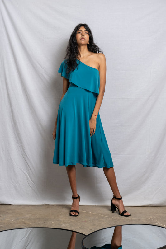 Off Shoulder Midi Frill Dress - Teal size 32,44 - shoot samples