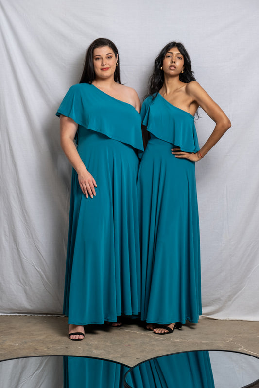Off Shoulder Maxi Frill Dress - Teal SALE size 44