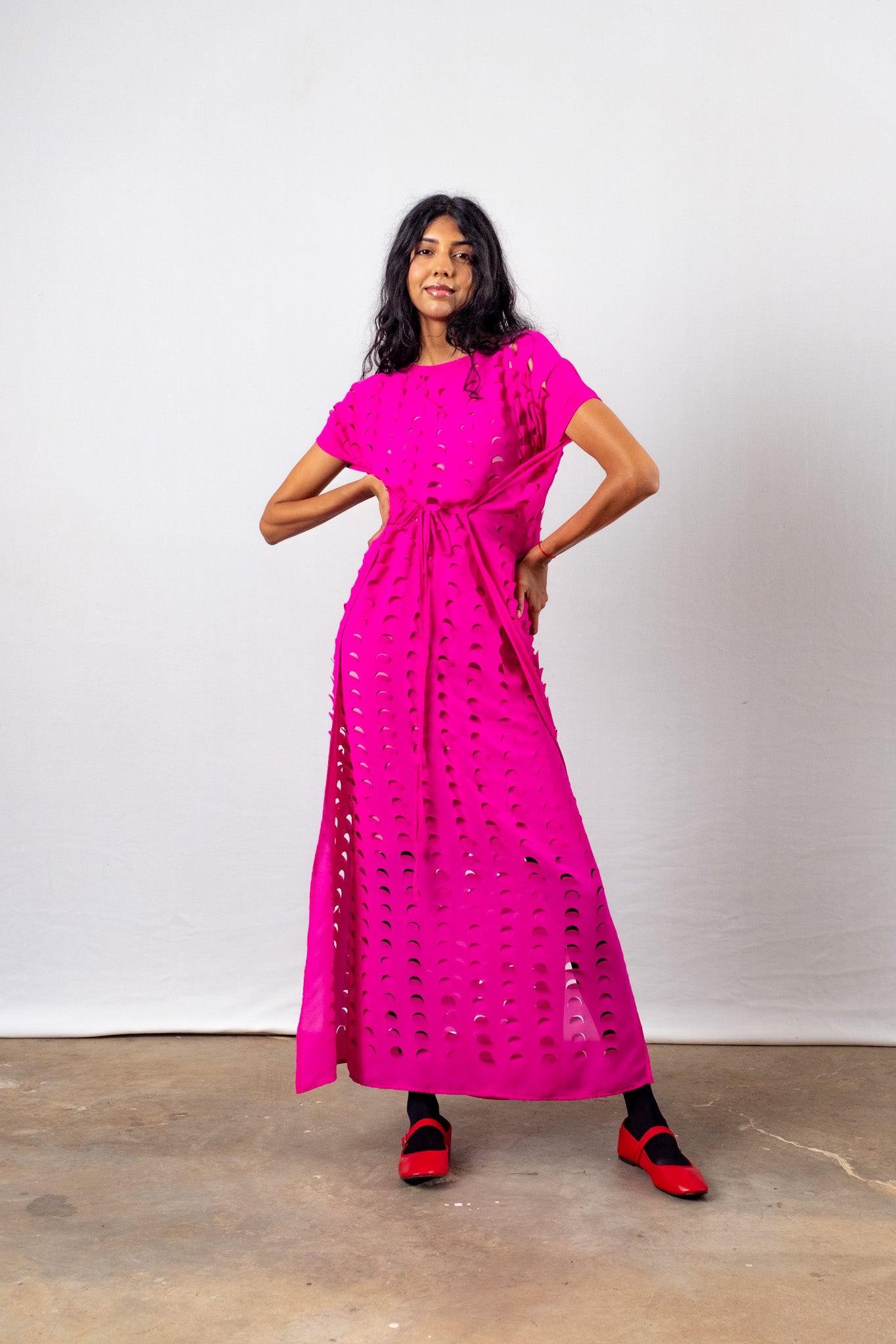 Laser Cut Apron Dress - Pink
