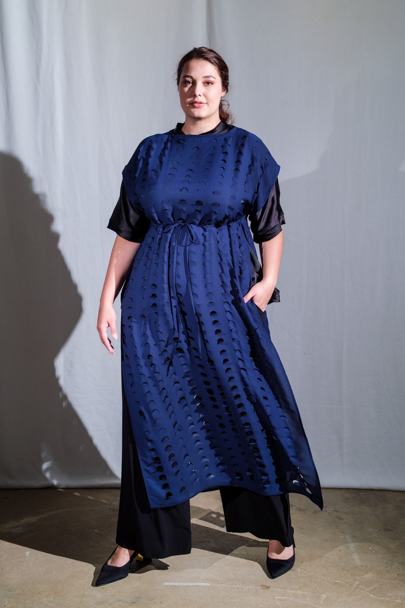 Laser Cut Apron Dress | Navy