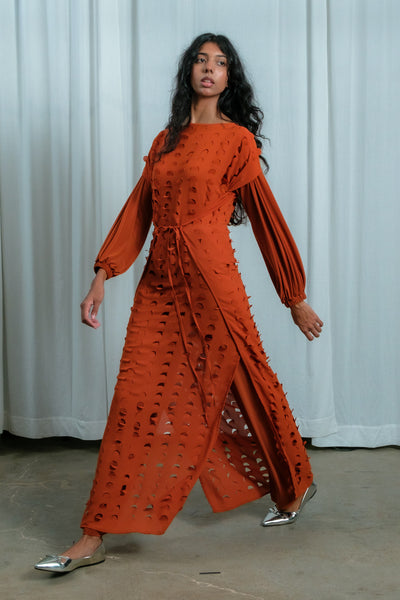 Laser Cut Apron Dress | Rust