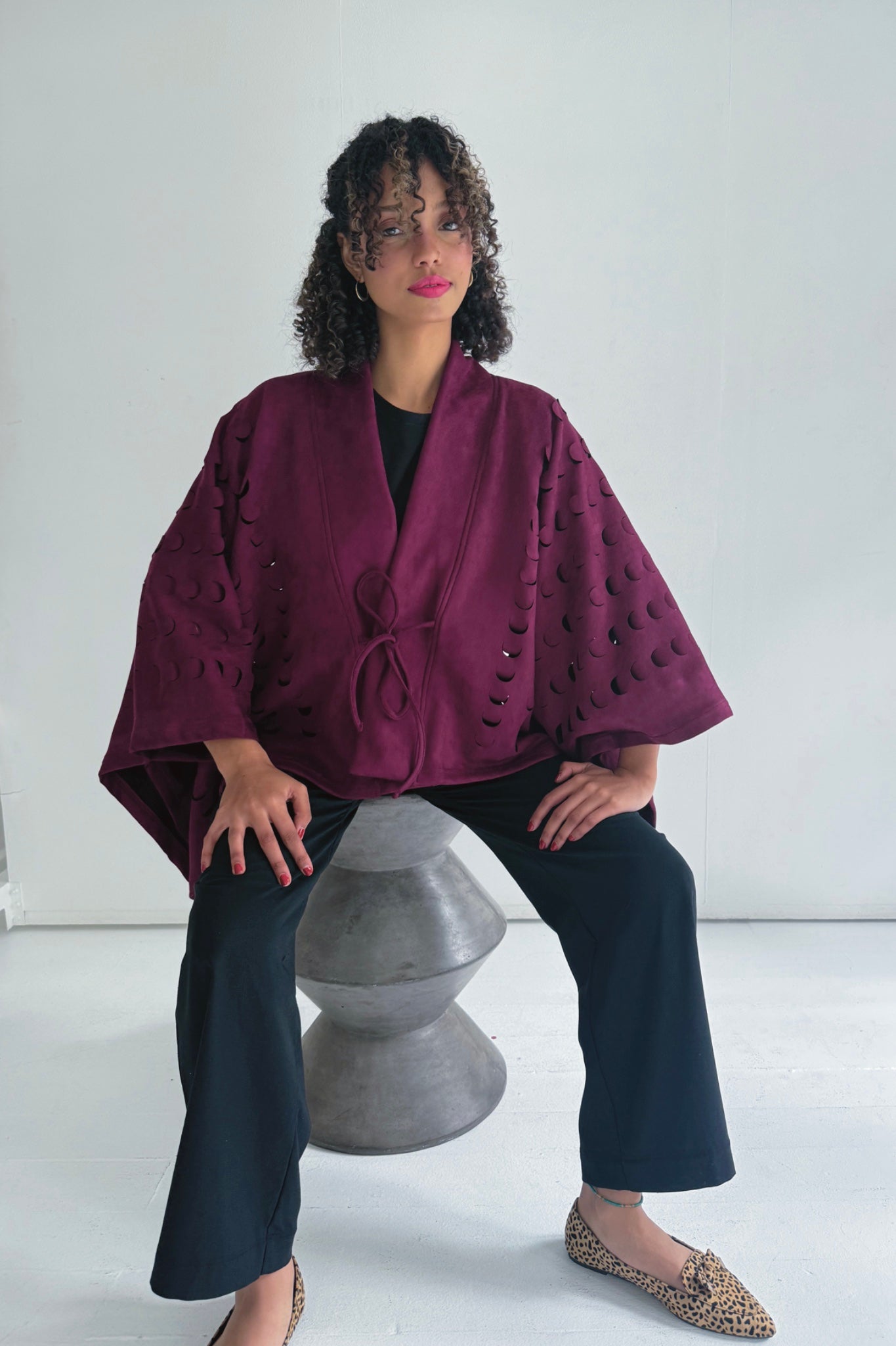 Kiko Laser Cut Cropped Cape | Burgundy