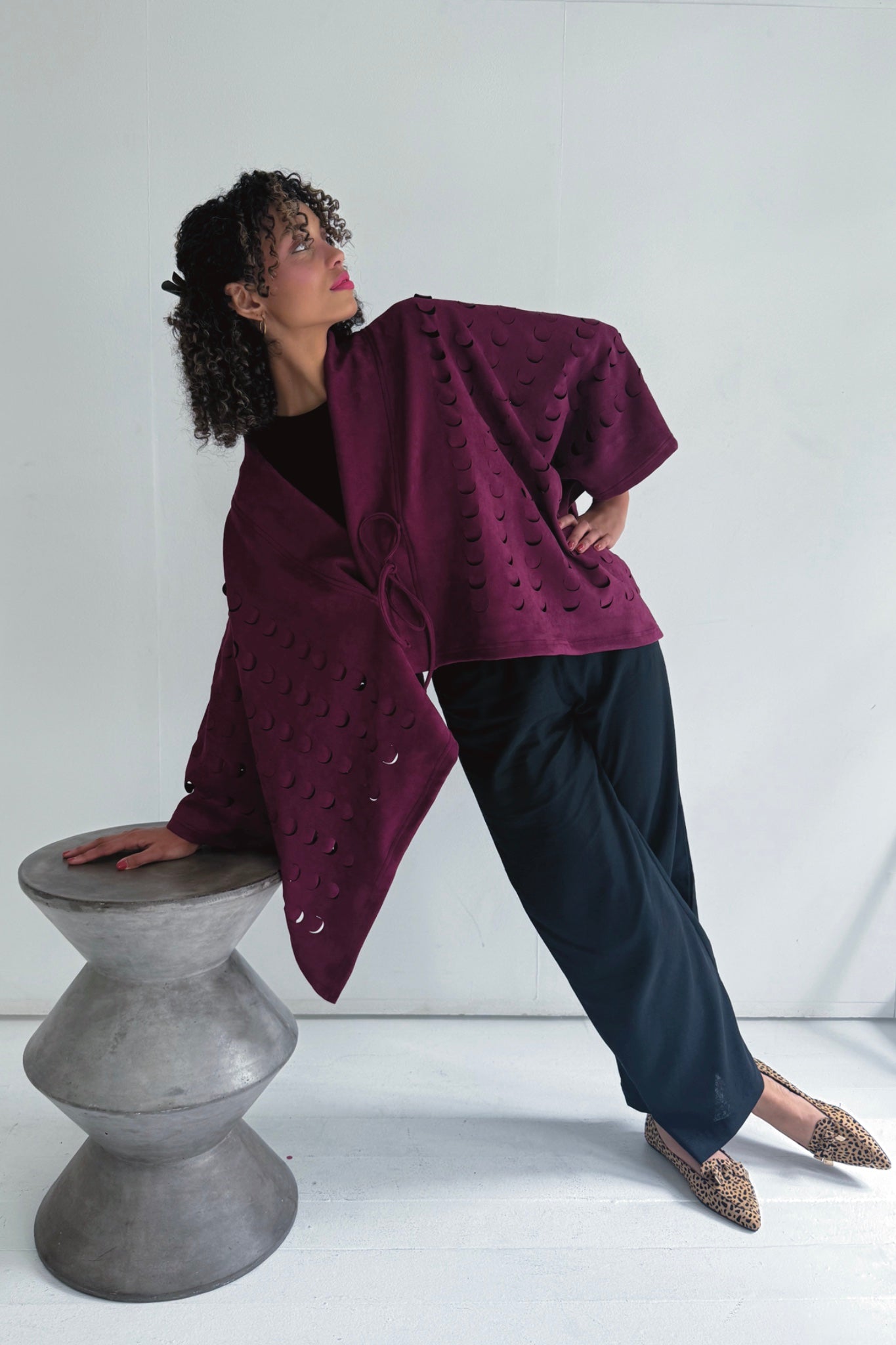 Kiko Laser Cut Cropped Cape | Burgundy