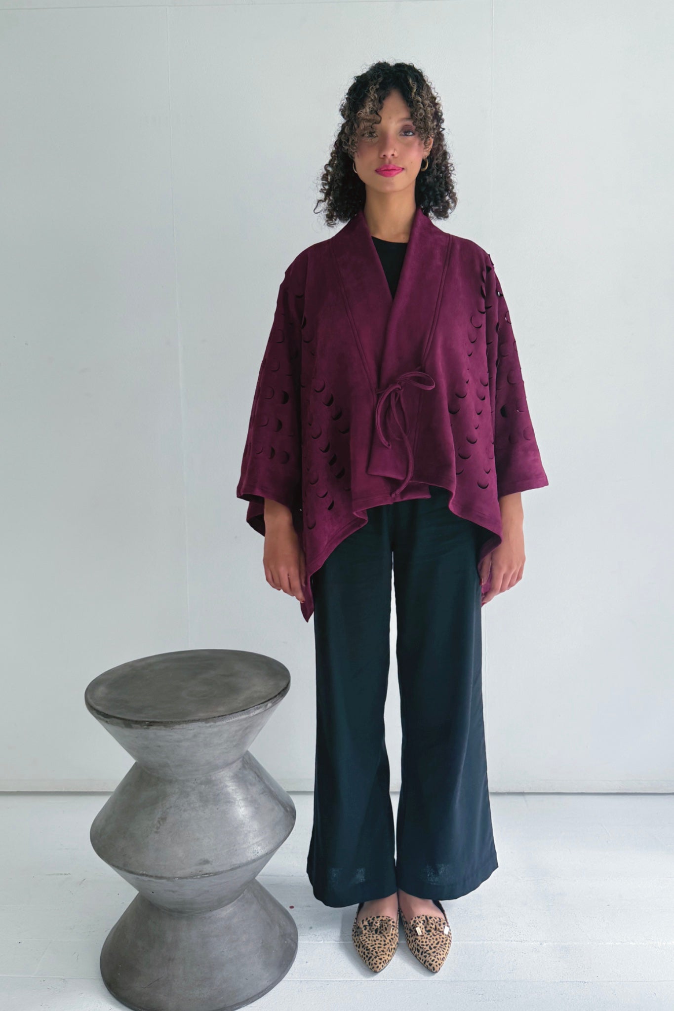Kiko Laser Cut Cropped Cape | Burgundy