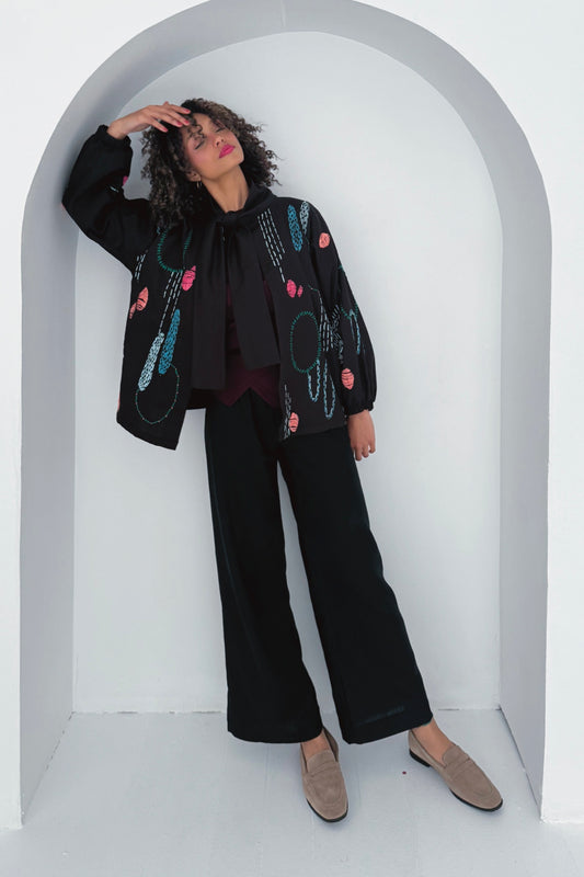 Hand Embroidery Cropped Bow Jacket