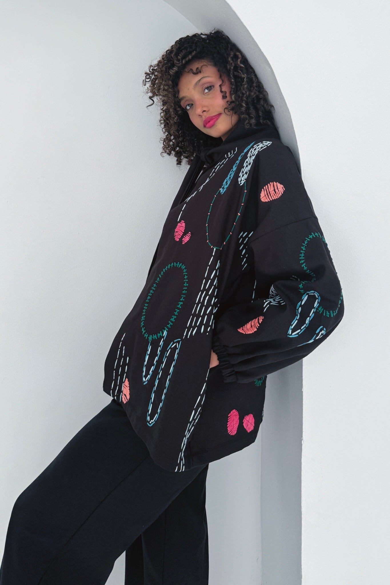 Hand Embroidery Cropped Bow Jacket
