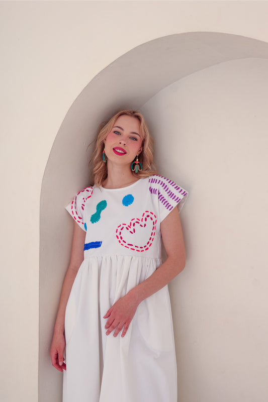 Doodle Embroidery Dress  | White