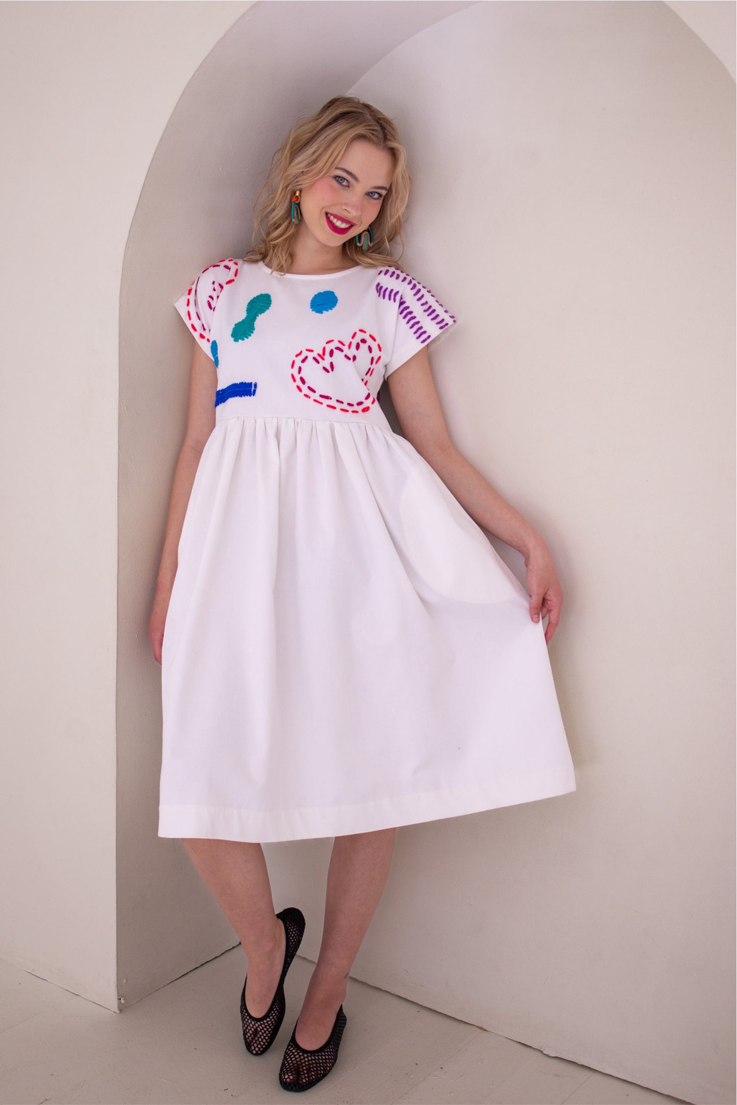 Doodle Embroidery Dress  | White