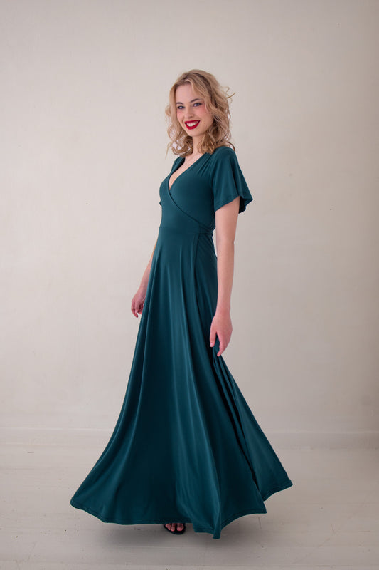 Flutter Sleeve Maxi Wrap Dress - Forest Green | More Colour Options