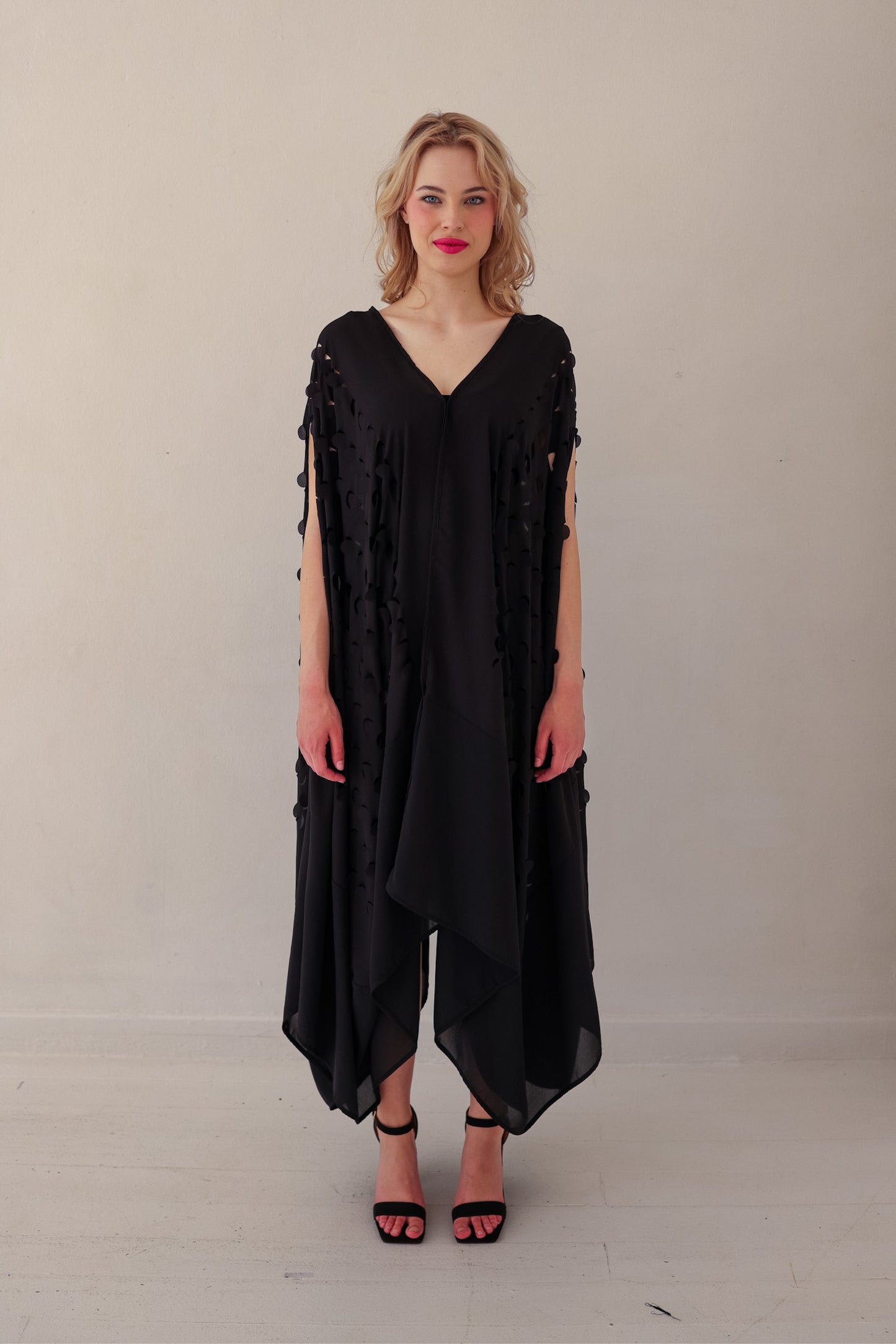 Laser Cut Drape Dress | Black