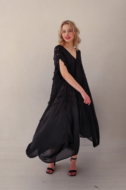 Laser Cut Drape Dress | Black
