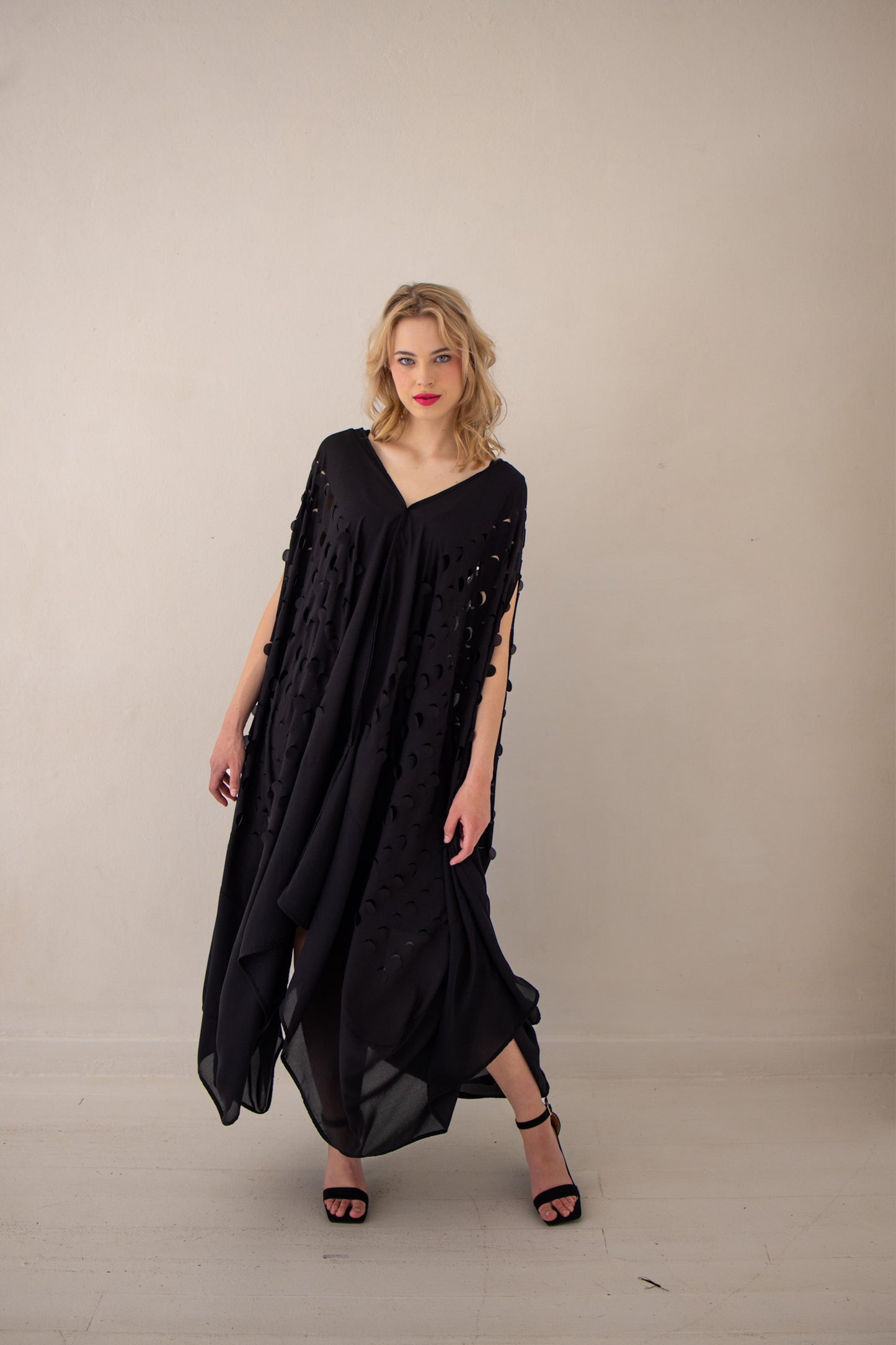 Laser Cut Drape Dress | Black