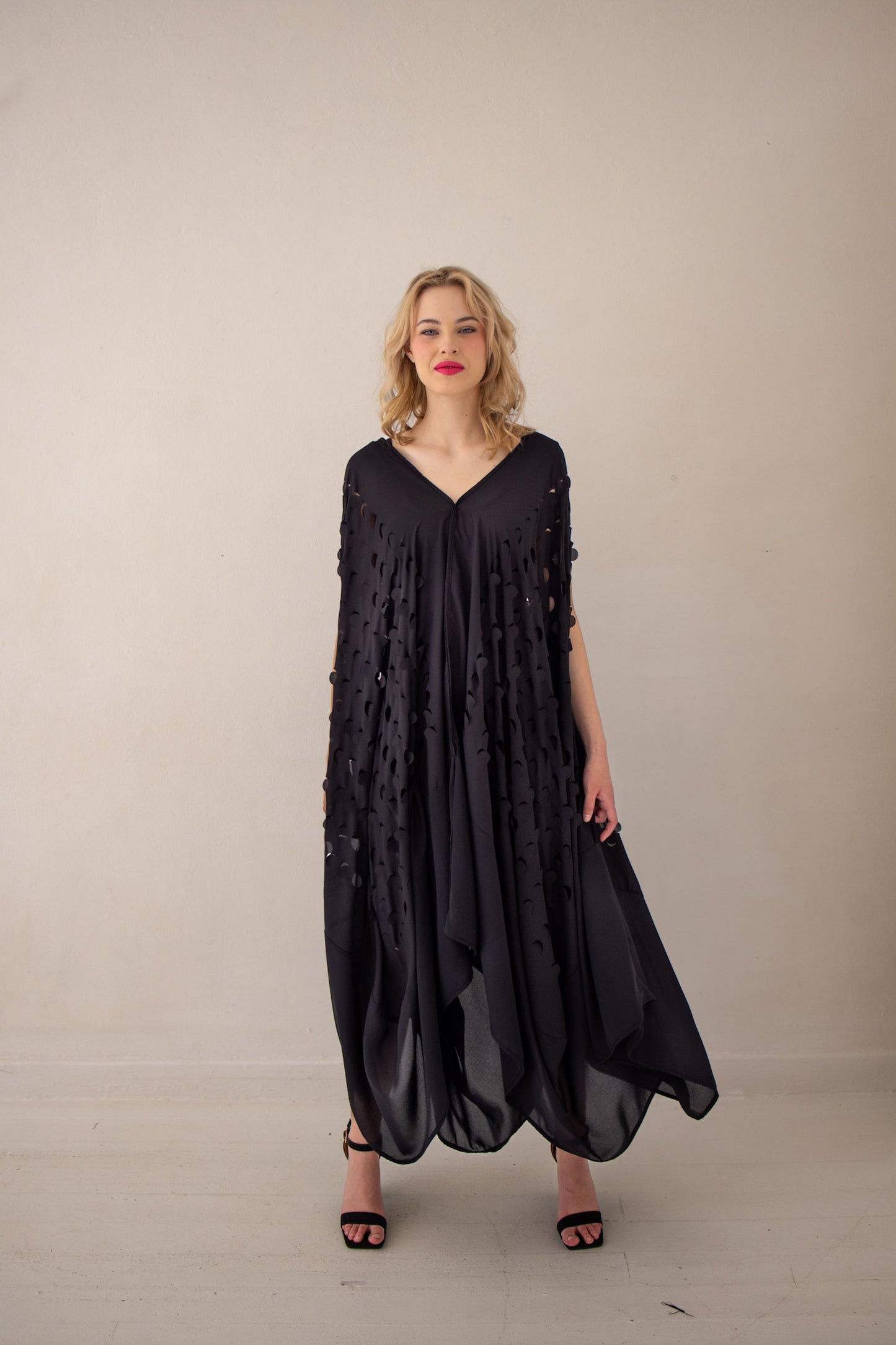 Laser Cut Drape Dress | Black