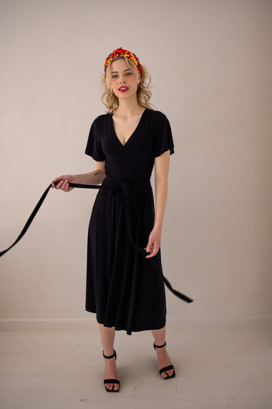 Flutter Sleeve Midi Wrap Dress - Black | More Colour Options