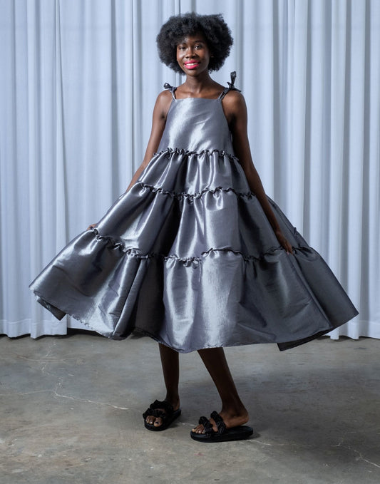 Maxi Frill Dress | Silver size 34, Lemon size 32